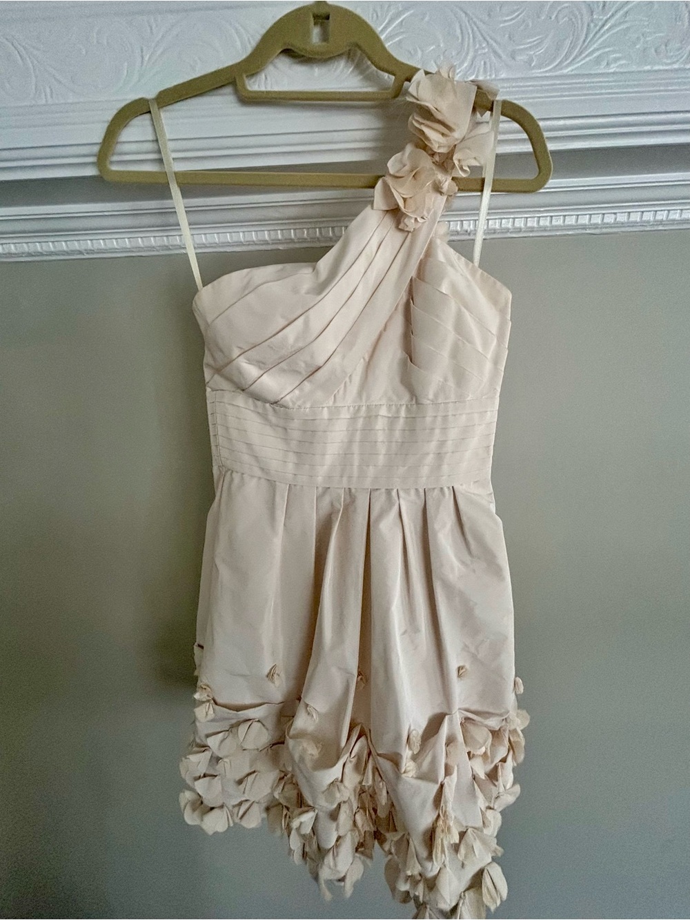 BCBGMaxAzria One-Shoulder Cream Floral-Trim Dress